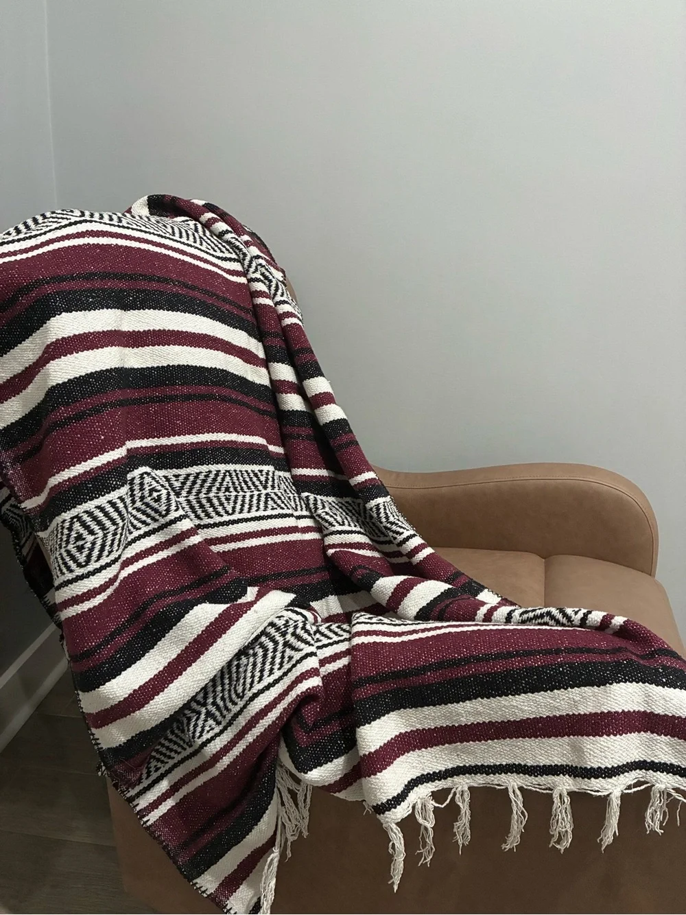 Burgundy & White Striped Mexican-Style Throw Blanket